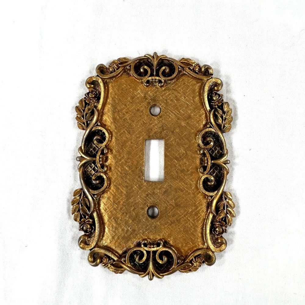 Vtg 70's Gold Brass Finish Switch Plate Wall Outlet Cover Florentine Style